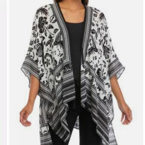 Vince Camuto novelty boho quirky kimono black white embroidered tassels os